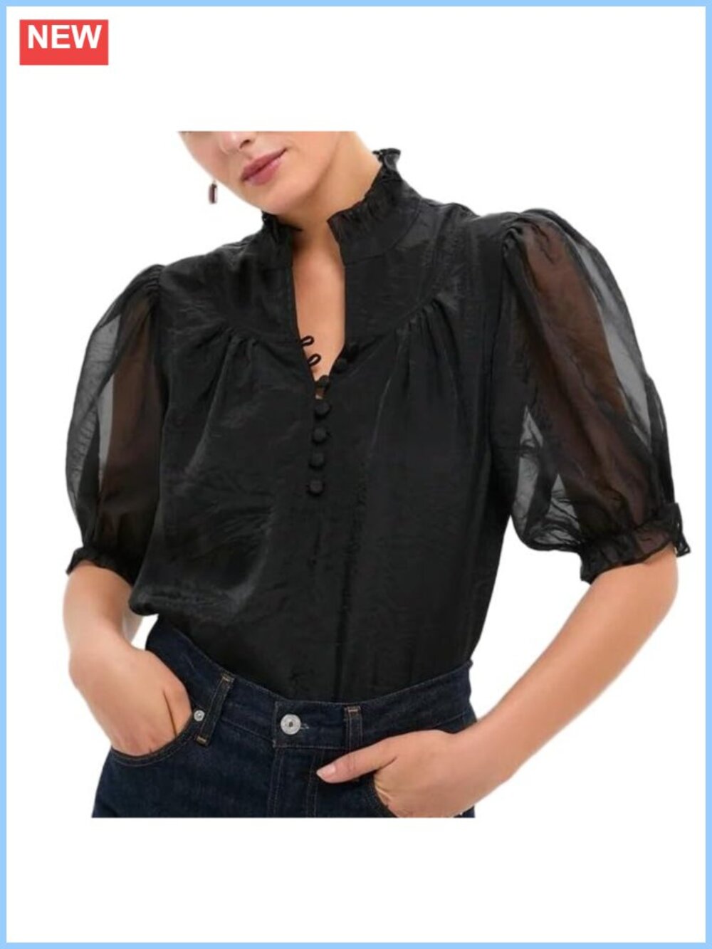 Ruffle Collar Puff Sleeve Button Front Blouse Elegant Top